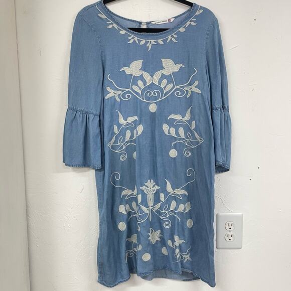 Given Kale Chambray Floral Embroidered 3/4 Sleeve Boho Dress S - Picture 1 of 13